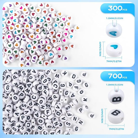 1000PCS Letter Beads, White Alphabet Beads and Colorful Heart Beads | 4x7mm A-Z Round Acrylic Beads for Threading, Ideal for for Jewellery DIY Making Crafts Bracelets Necklaces Ornaments Penda