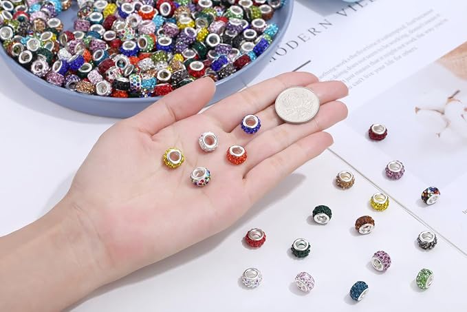 120Pcs Large Hole Beads Rhinestone European Beads for Bracelet Jewelry Making 12mm Diamond Snake Chain Supplies DIY Crafts Charm Crystal Rondelle Spacer Bead for Pens(Mixcolors)